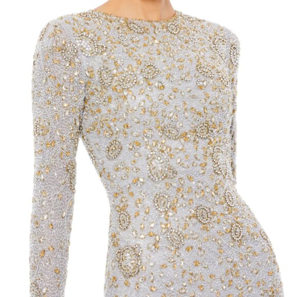 MAC DUGGAL 5308 TWO TONE BEADED HIGH NECK LONG SLEEVE PALTINUM/GOLD GOWN sz 18 - Picture 2 of 3
